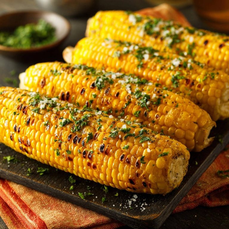 Saftiger Grillmais mit Kräuterbutter, nahaufnahme von gerösteten Kolben mit frischen Kräutern und Salz bestreut
