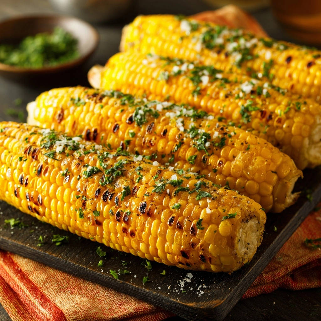 Saftiger Grillmais mit Kräuterbutter, nahaufnahme von gerösteten Kolben mit frischen Kräutern und Salz bestreut