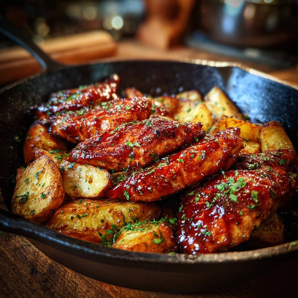 Hähnchen-Kartoffelpfanne mit Honig-BBQ-Glasur, nahaufnahme der glasierten Hähnchenstücke und Bratkartoffeln mit Petersilie garniert.