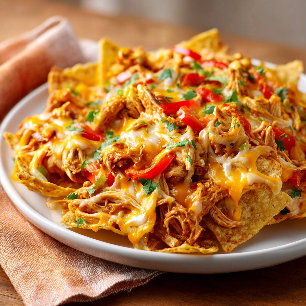 Saftige Hähnchen-Nachos mit geschmolzenem Käse und Paprika, im Detail nah aufgenommen auf einem Teller.