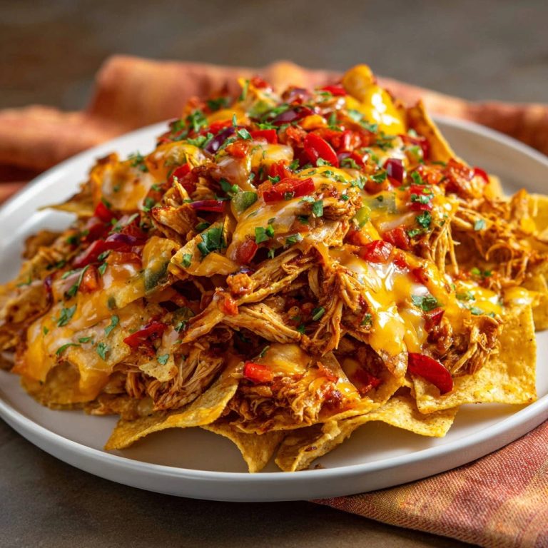 Saftige Hähnchen-Nachos mit geschmolzenem Käse und frischer Petersilie, Nahaufnahme des reichhaltigen Belags.