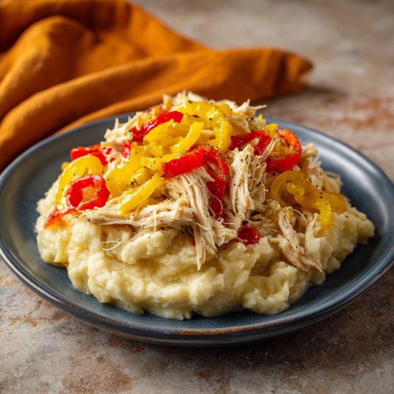 Zartes Hähnchen-Paprika-Püree auf einem Teller, Nahaufnahme der Textur und der geschichteten Zutaten.