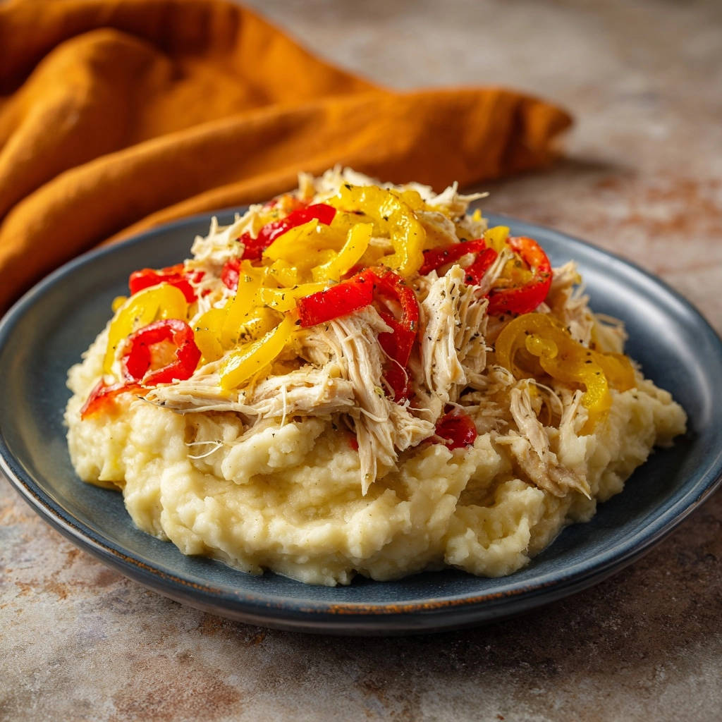 Zartes Hähnchen-Paprika-Püree auf einem Teller, Nahaufnahme der Textur und der geschichteten Zutaten.