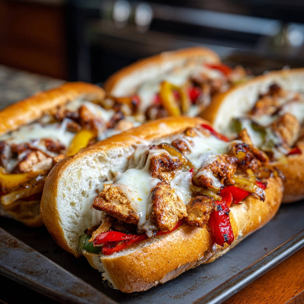 Saftige Hähnchen-Philly-Style Subs mit geschmolzenem Käse und bunten Paprika, Nahaufnahme des gefüllten Brötchens.