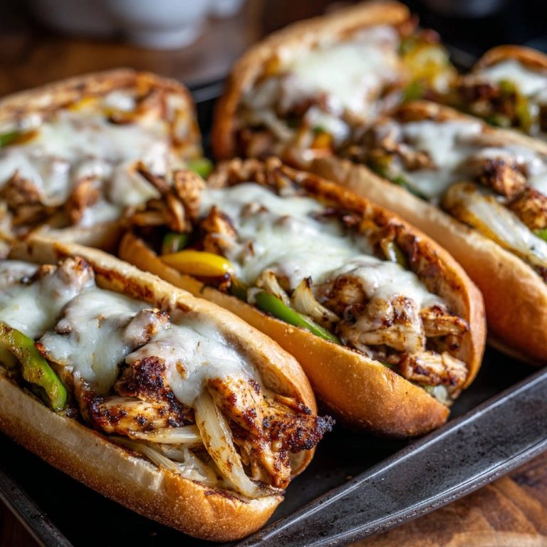 Saftige Hähnchen-Philly-Style Subs mit geschmolzenem Käse und gegrilltem Gemüse in Nahaufnahme auf einem Blech