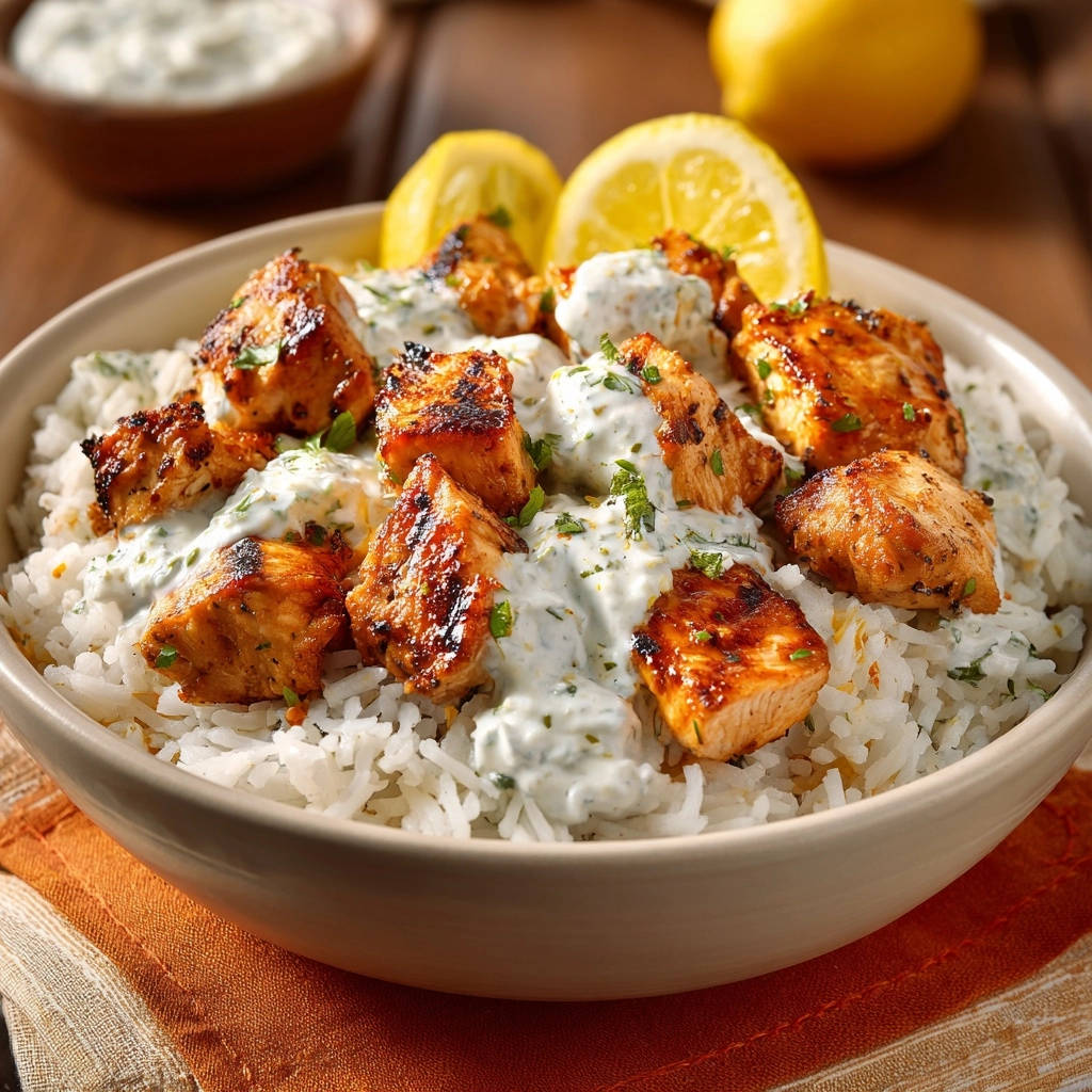 Hähnchen-Reis-Bowl mit frischer Kräutersauce, serviert in einer Schüssel mit Zitronenspalten, Nahaufnahme der saftigen Hähnchenstücke und der cremigen Sauce.