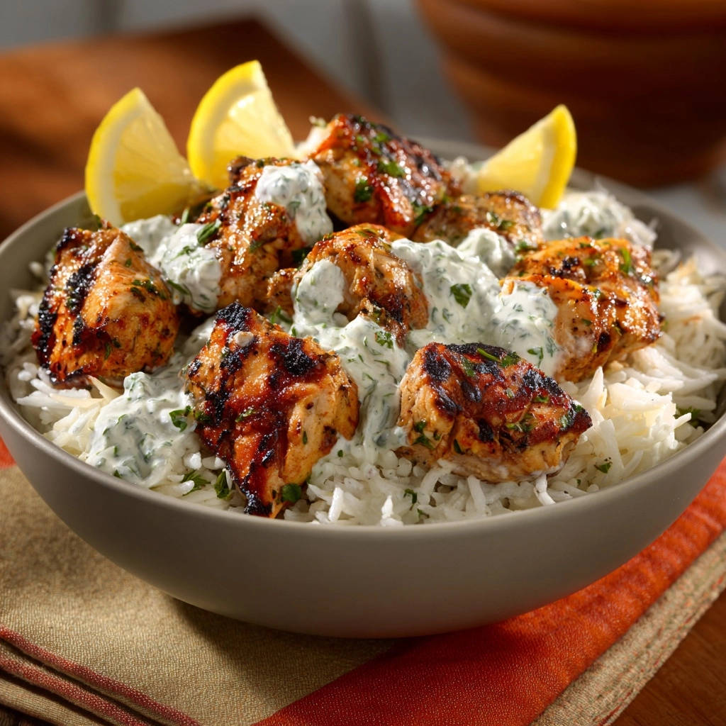 Hähnchen-Reis-Bowl mit frischer Kräutersauce, detailreiche Nahaufnahme der gegrillten Hähnchenstücke auf Reis mit Sauce und Zitronenspalten.