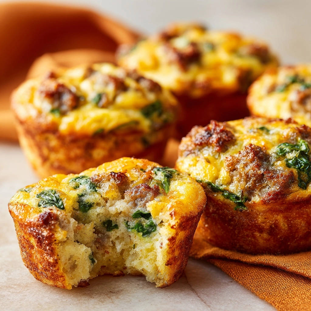 Herzhafte Frühstücks-Muffins mit Wurst, Spinat und Käse, angeschnitten, zeigen die saftige Innenseite mit Wurststücken und grünem Spinat.
