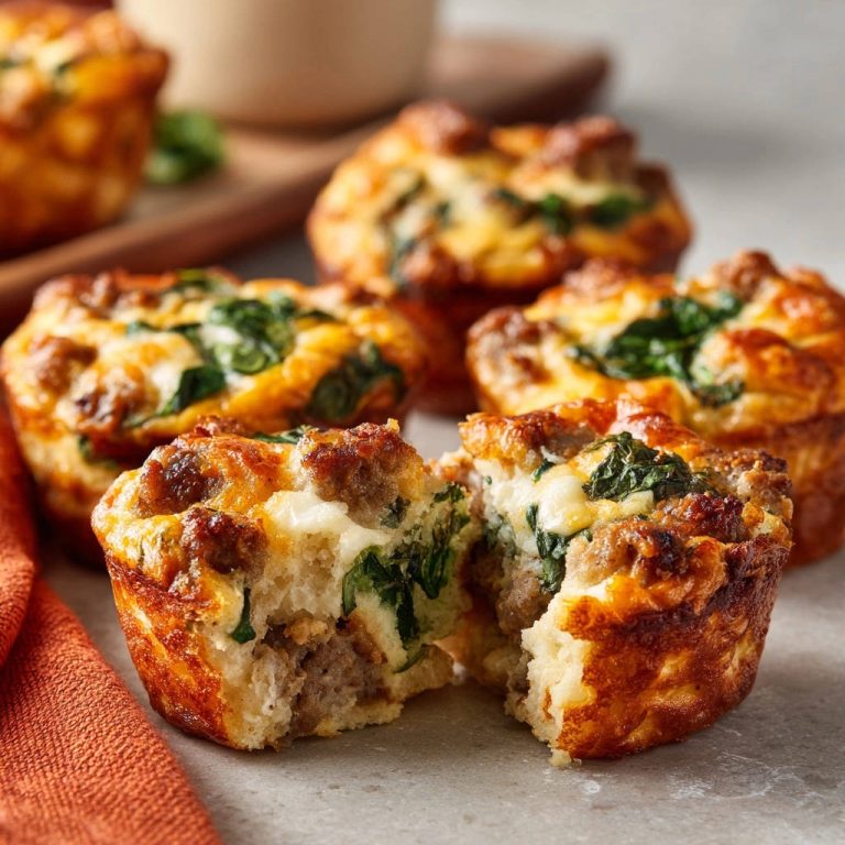 Herzhafte Frühstücks-Muffins mit Wurst, Spinat und Käse, angeschnitten, zeigen das saftige Innere mit Wurst und Spinat.