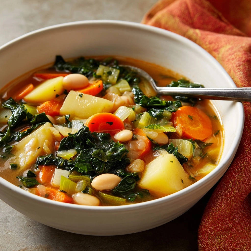 Herzhafte Gemüsesuppe mit weißen Bohnen als Nahaufnahme im weißen Teller, mit sichtbaren Kartoffelstücken und Karotten.