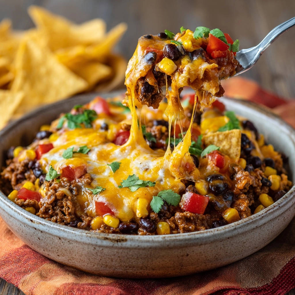 Herzhafte Nacho-Schüssel mit geschmolzenem Käse, der sich zart von der Gabel zieht, garniert mit Koriander.