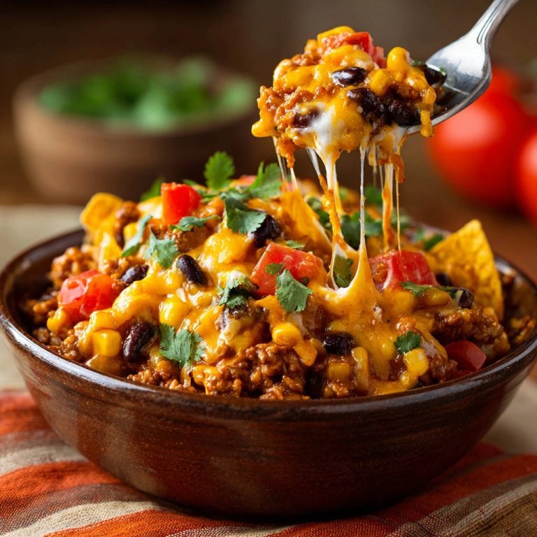 Herzhafte Nacho-Schüssel mit geschmolzenem, Fäden ziehendem Käse, Hackfleisch, Bohnen und Tomaten, serviert in einer Holzschale.