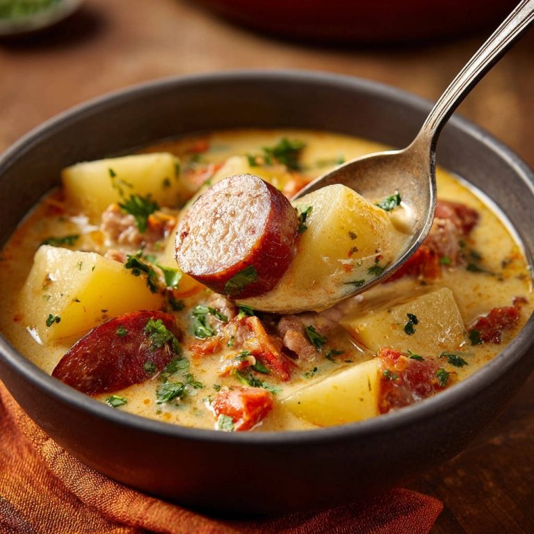 Herzhafte Rahmsuppe mit Wurst und Kartoffeln, mit einem Löffel serviert, zeigt die cremige Konsistenz und die Zutaten im Detail.