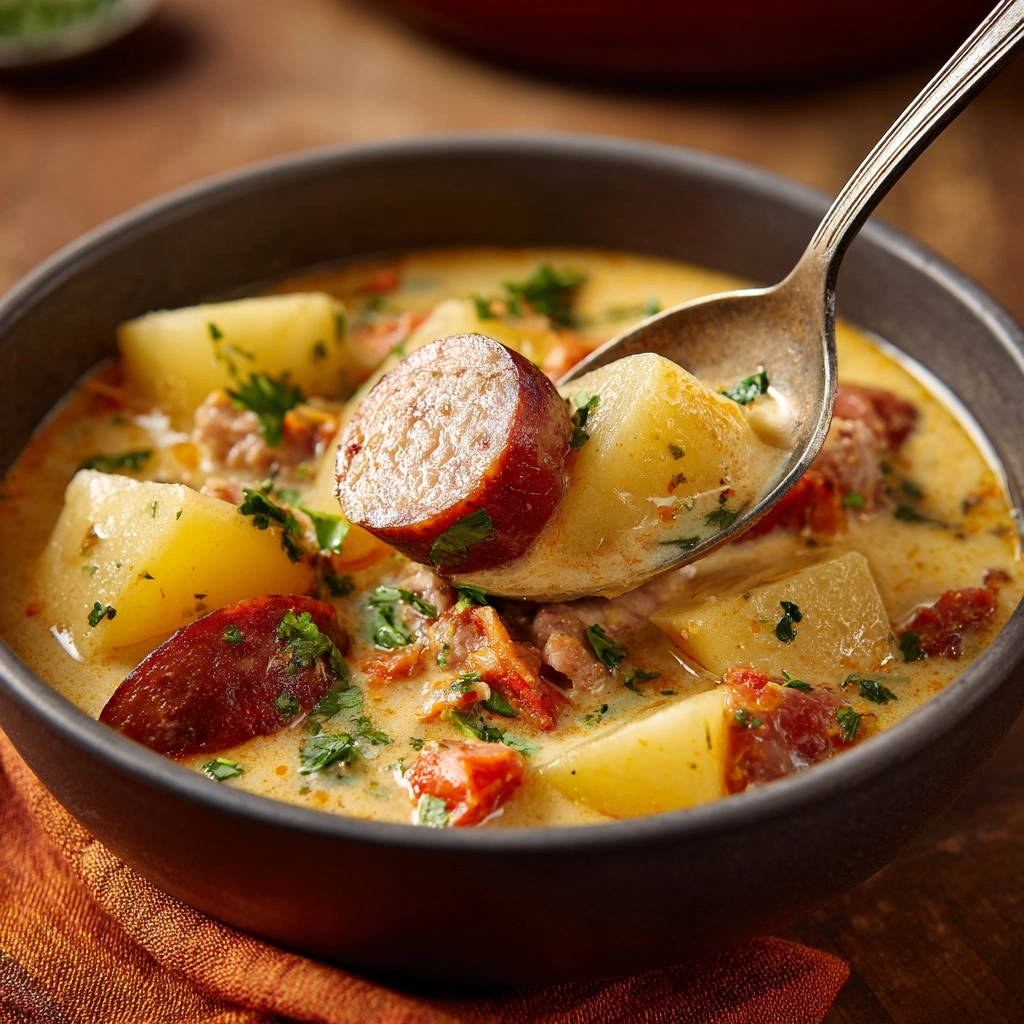 Herzhafte Rahmsuppe mit Wurst und Kartoffeln, mit einem Löffel serviert, zeigt die cremige Konsistenz und die Zutaten im Detail.