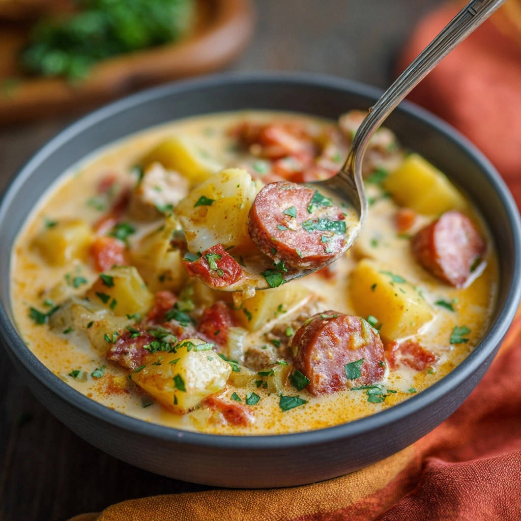Herzhafte Rahmsuppe mit Wurst und Kartoffeln, eine Löffelaufnahme zeigt cremige Konsistenz und stückige Einlagen.