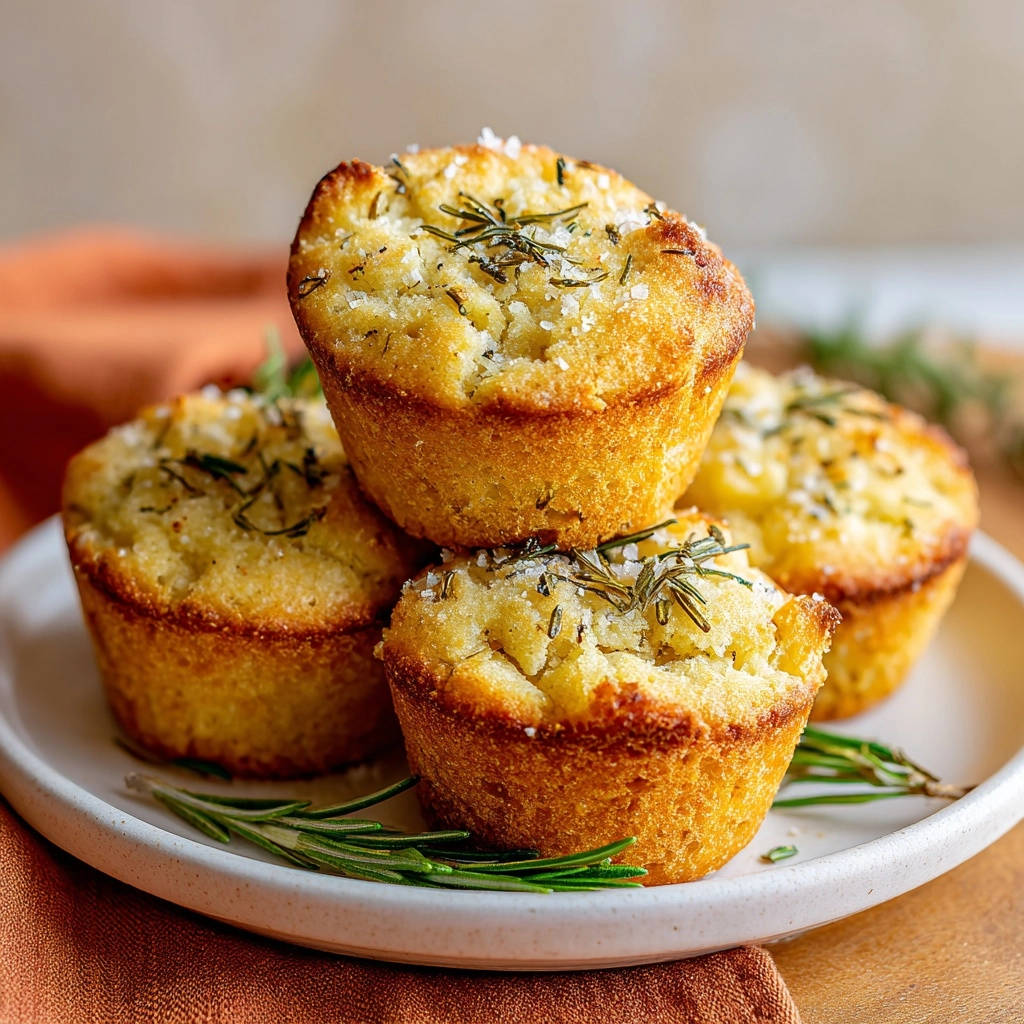 Herzhafte Rosmarin-Käse-Muffins, hier nahaufnahme mit frischem Rosmarin und grobem Salz garniert auf einem Teller.