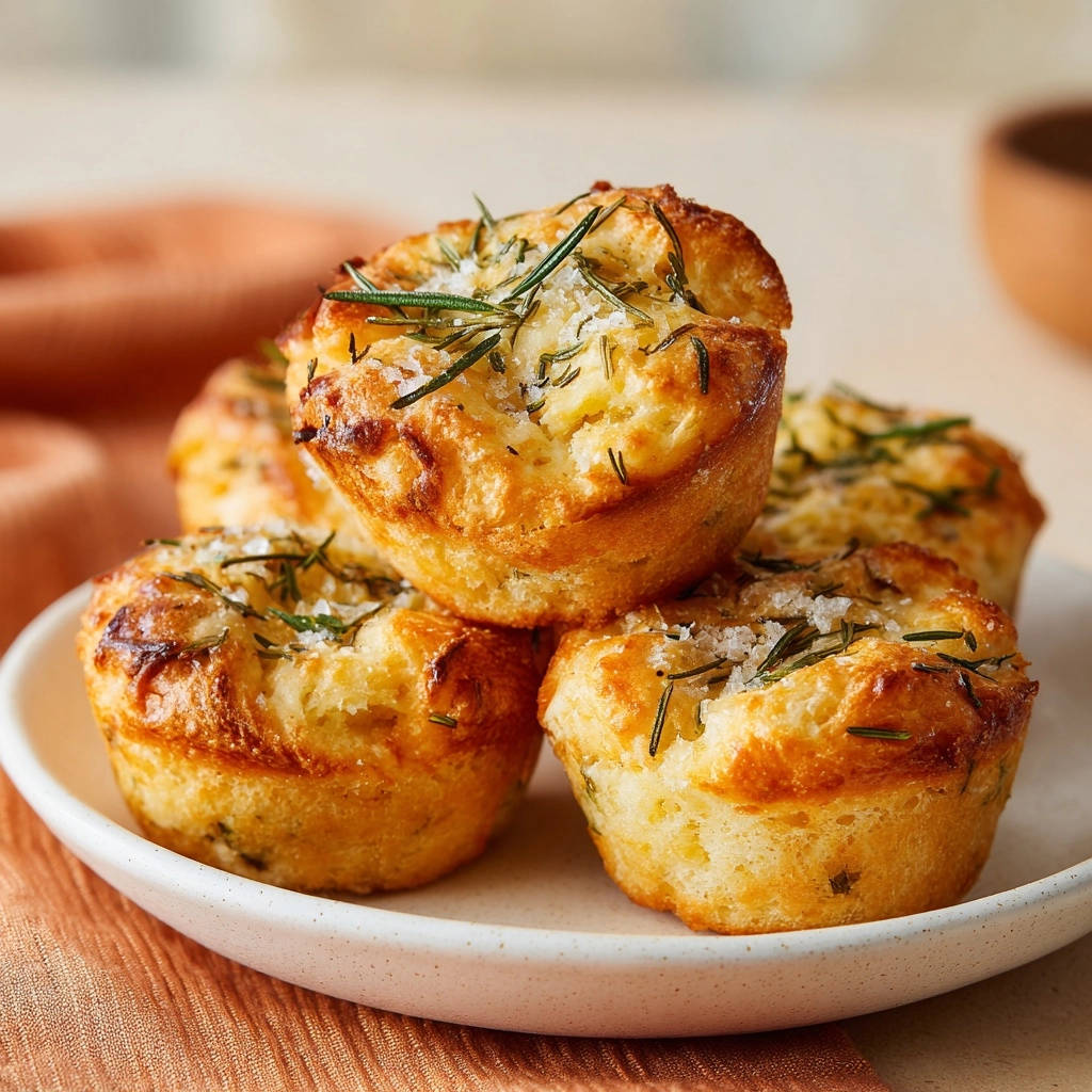 Herzhafte Rosmarin-Käse-Muffins mit frischem Rosmarin und Meersalz garniert auf einem Teller, Nahaufnahme