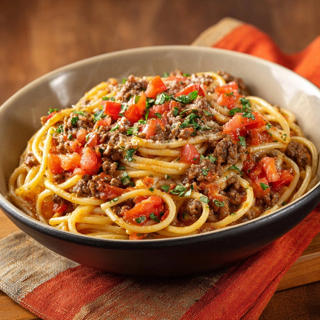 Herzhafte Spaghetti Bolognese mit Hackfleischsauce und Tomaten, garniert mit Petersilie, in einer Schüssel serviert.