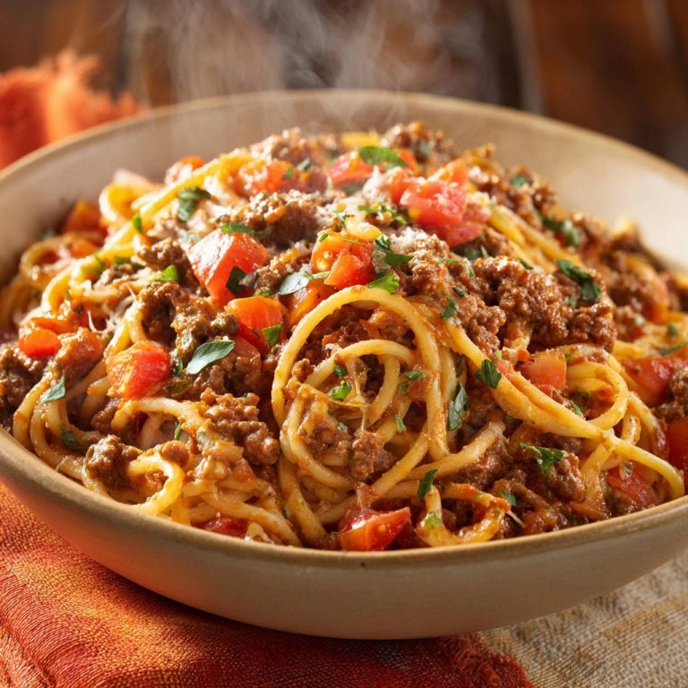 Herzhafte Spaghetti Bolognese als Nahaufnahme mit Dampf, der vom Gericht aufsteigt.