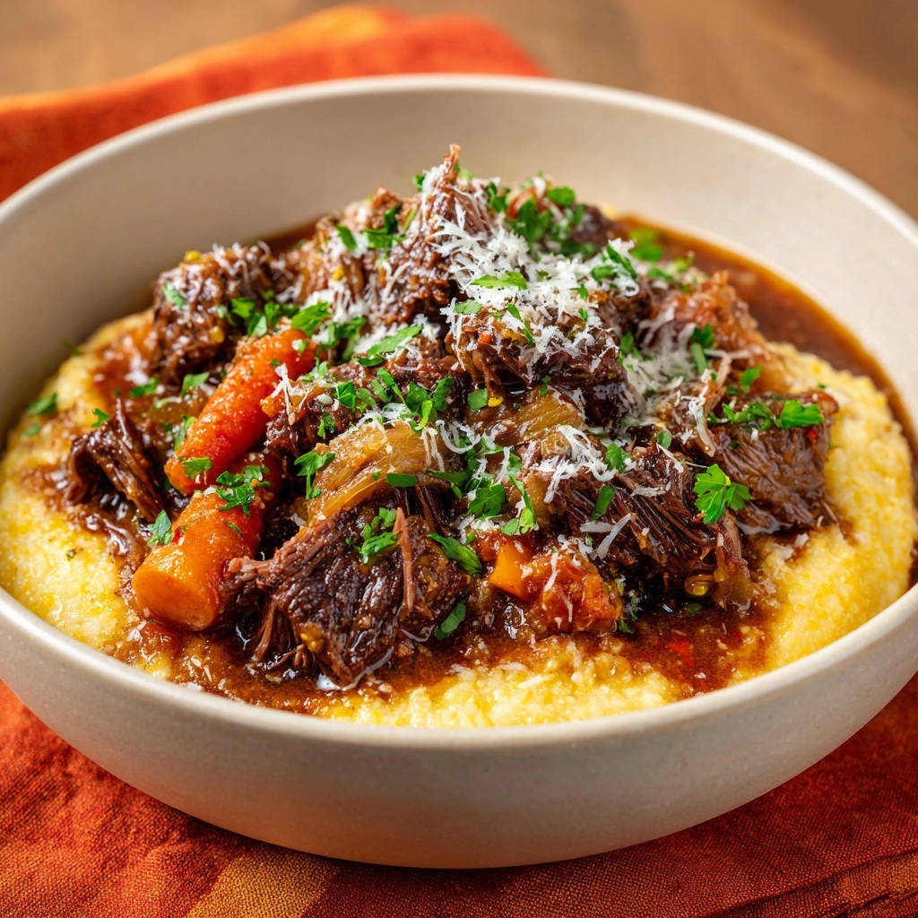 Herzhafter Schmorbraten auf cremiger Polenta, eine Nahaufnahme des zarten Fleisches mit Karotten und frischer Petersilie garniert.