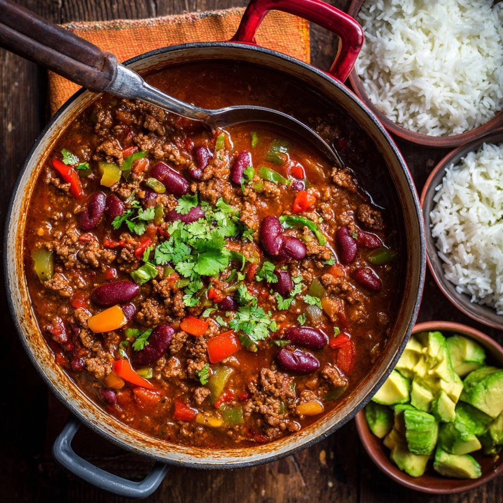 Herzhaftes Chili con Carne aus einem roten Topf mit Löffel, garniert mit Koriander und serviert mit Reis und Avocado