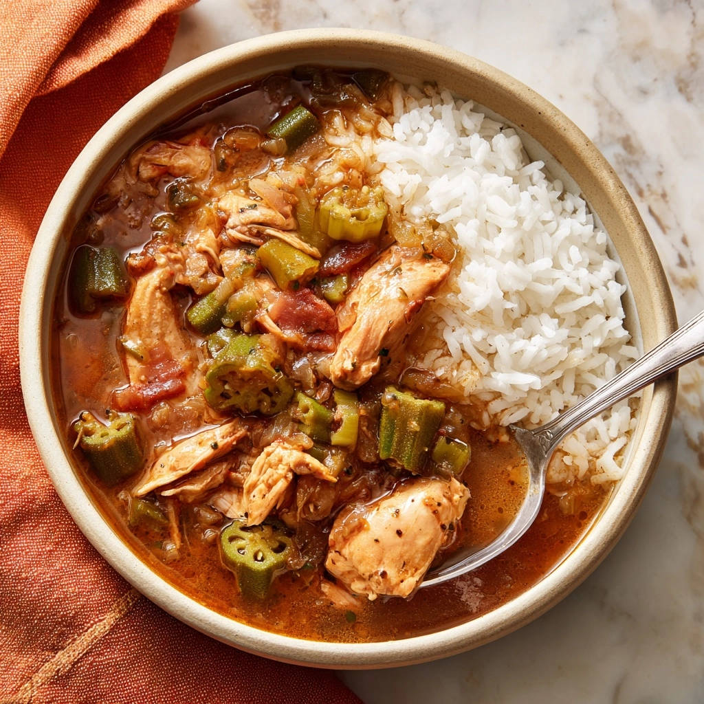 Herzhaftes Gumbo mit Huhn und Okra, eine Nahaufnahme einer Portion mit Reis und Löffel.