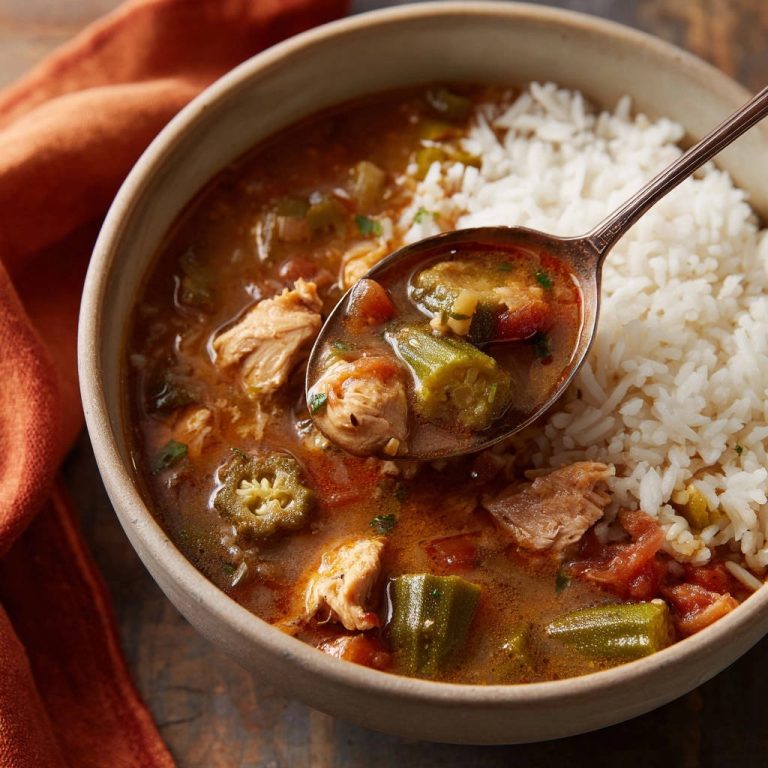 Herzhaftes Gumbo mit Huhn und Okra, nah aufgenommen mit einem Löffel voller Eintopf und Reis.