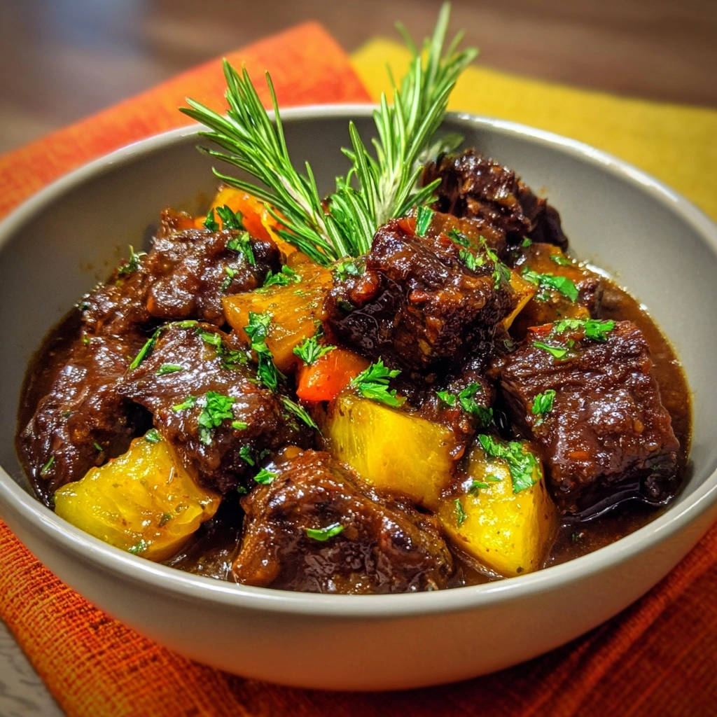 Herzhaftes Rindergulasch klassisch, garniert mit frischem Rosmarin und Petersilie in einer grauen Schüssel.