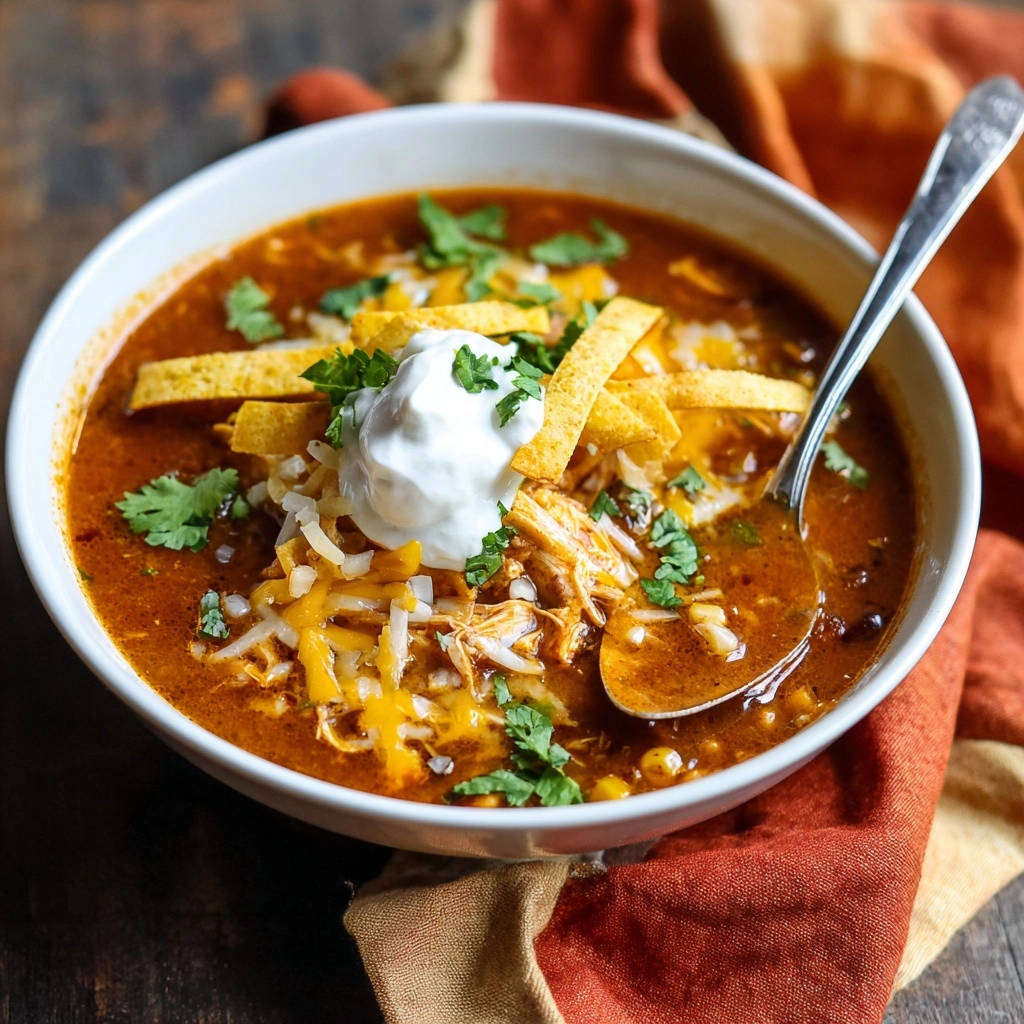 Herzhafte Hähnchen-Tortilla-Suppe mit cremigem Topping, Käse und Tortillastreifen, detailaufnahme mit Löffel