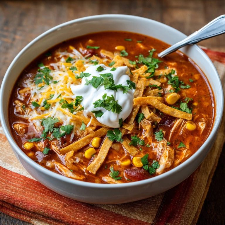 Herzhafte Hähnchen-Tortilla-Suppe, garniert mit saurer Sahne, Käse, Tortilla-Streifen und Koriander in einer Schüssel.