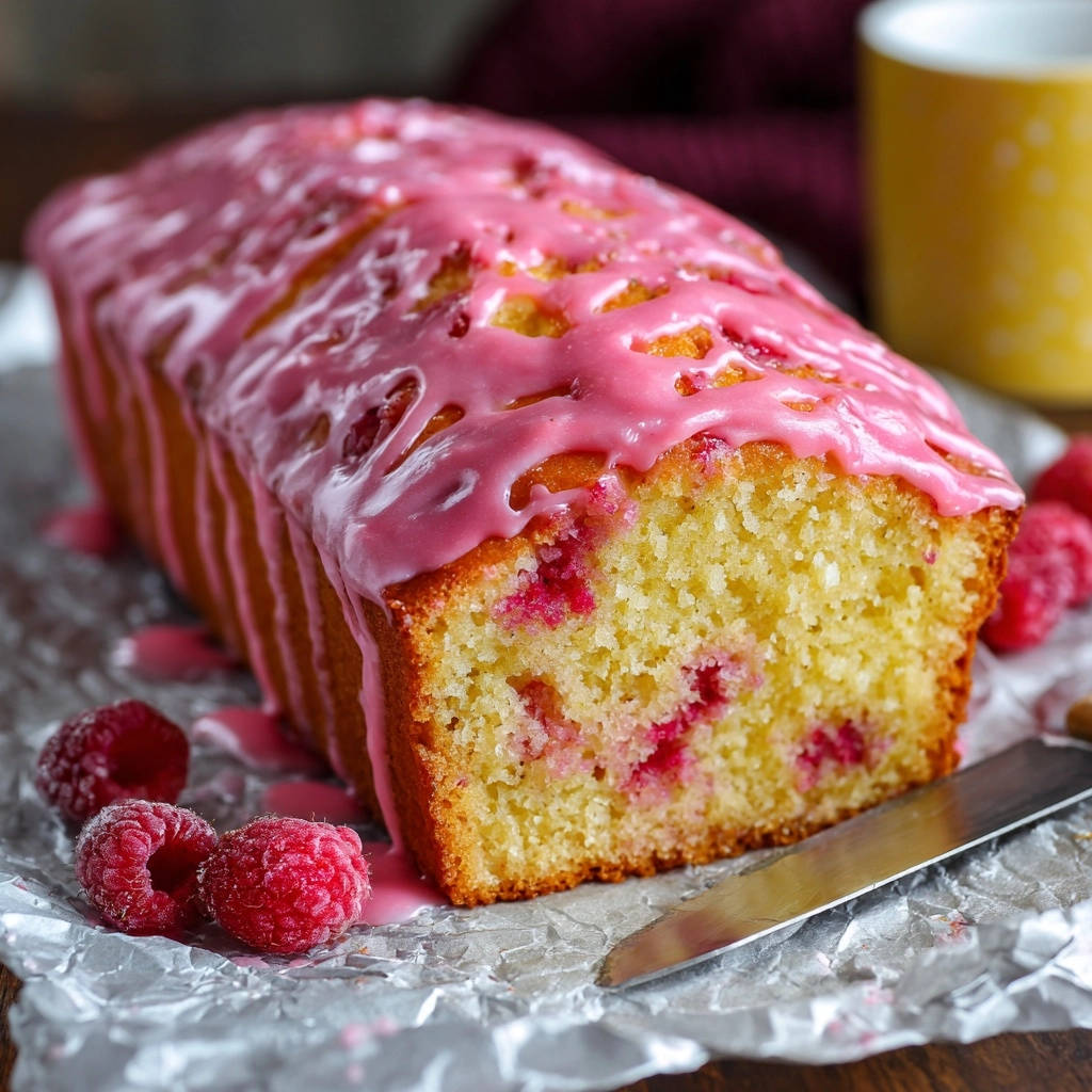Saftiger Himbeer-Kuchen aus der Kastenform angeschnitten mit rosa Himbeerglasur und frischen Himbeeren