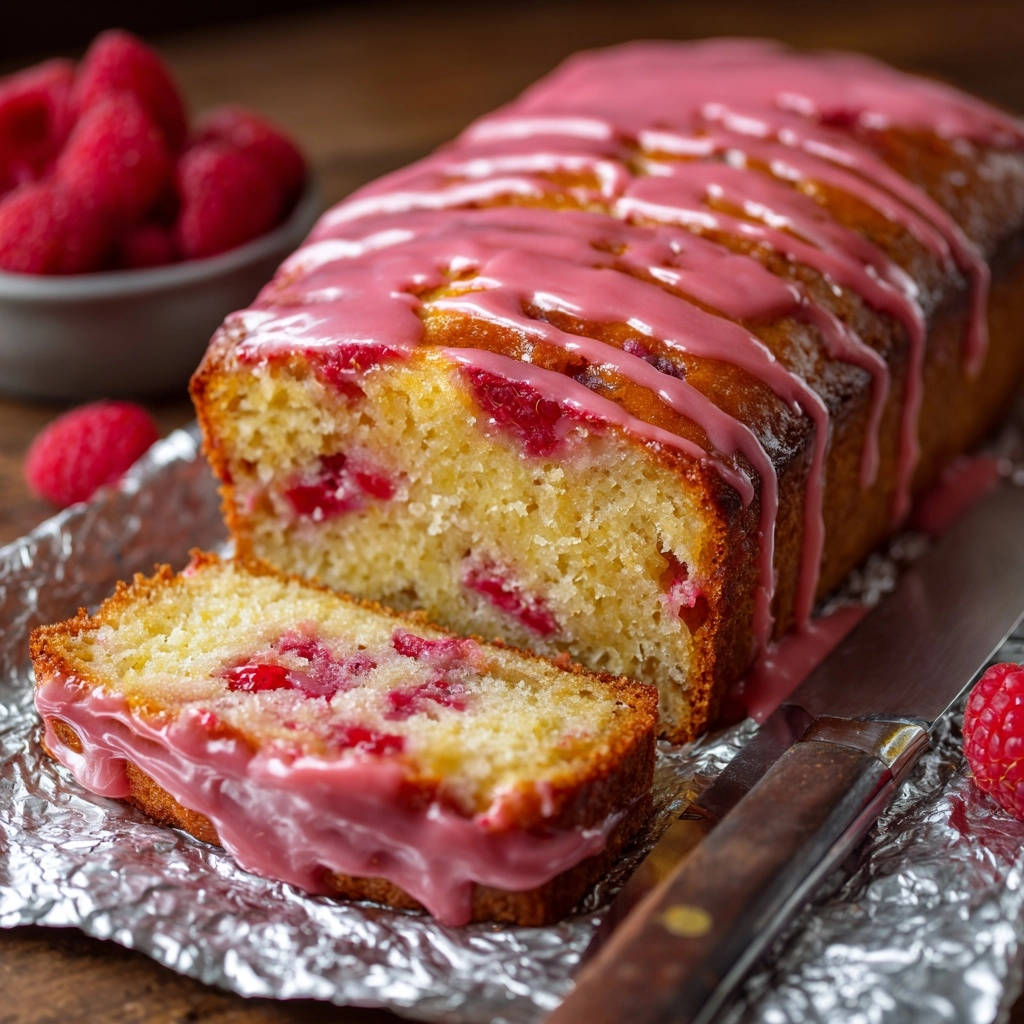 Saftiger Himbeer-Kuchen aus der Kastenform, angeschnitten mit leckerer rosa Glasur und frischen Himbeeren.