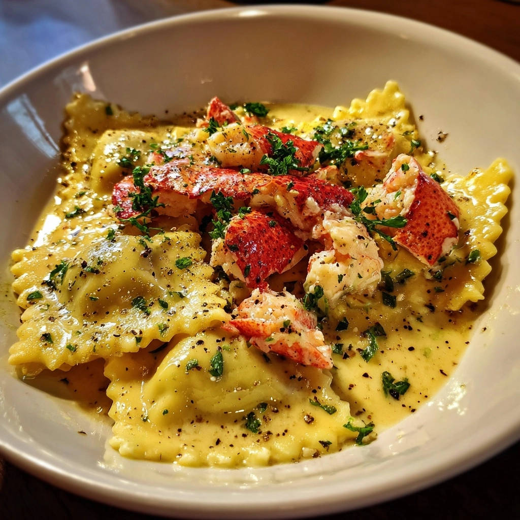 Hummer-Ravioli in cremiger Petersiliensoße, Nahaufnahme der gefüllten Pasta mit Hummerstücken und frischer Petersilie.