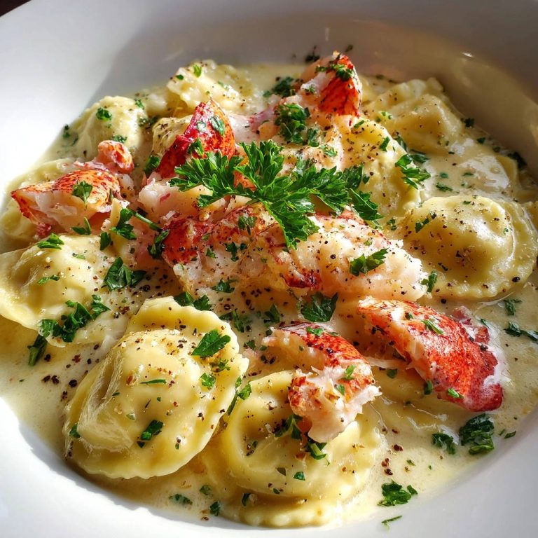 Hummer-Ravioli in cremiger Petersiliensoße, eine Nahaufnahme des Gerichts, garniert mit frischer Petersilie und Hummerstücken.
