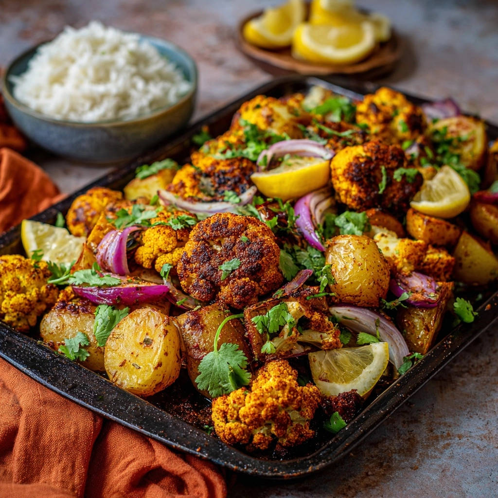 Indisches Ofengemüse mit Kartoffeln und Blumenkohl, knusprig auf einem Backblech mit Zitrone und Koriander garniert.