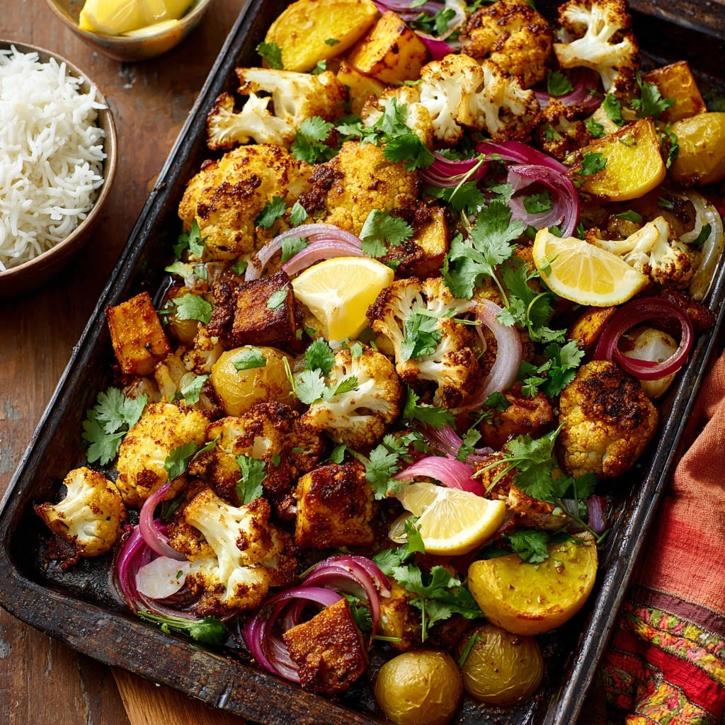 Indisches Ofengemüse mit Kartoffeln und Blumenkohl, knusprig und voller Aroma, nah aufgenommen und mit frischem Koriander und Zitrone garniert.