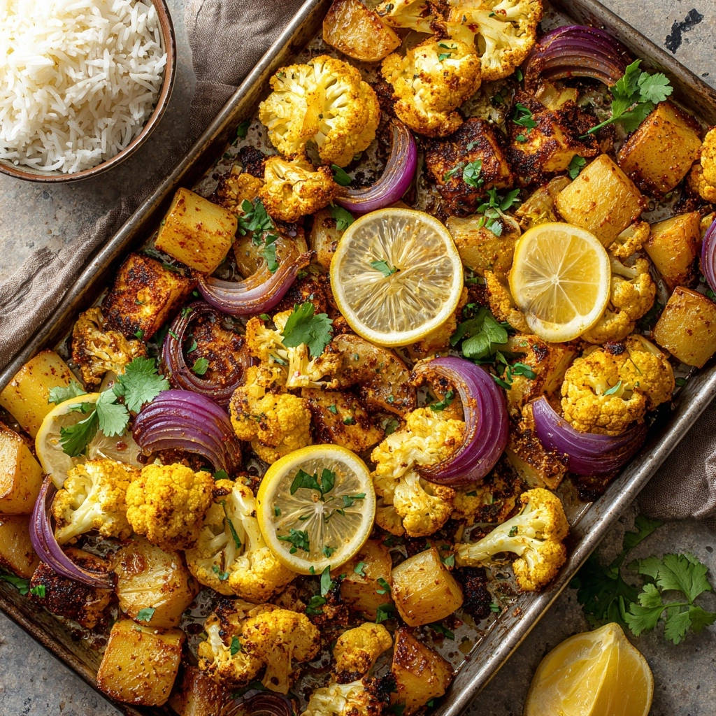 Goldbraunes indisches Ofengemüse mit Paneer, knusprig und ohne Matsch, auf einem Backblech von oben mit Zitronenscheiben garniert.
