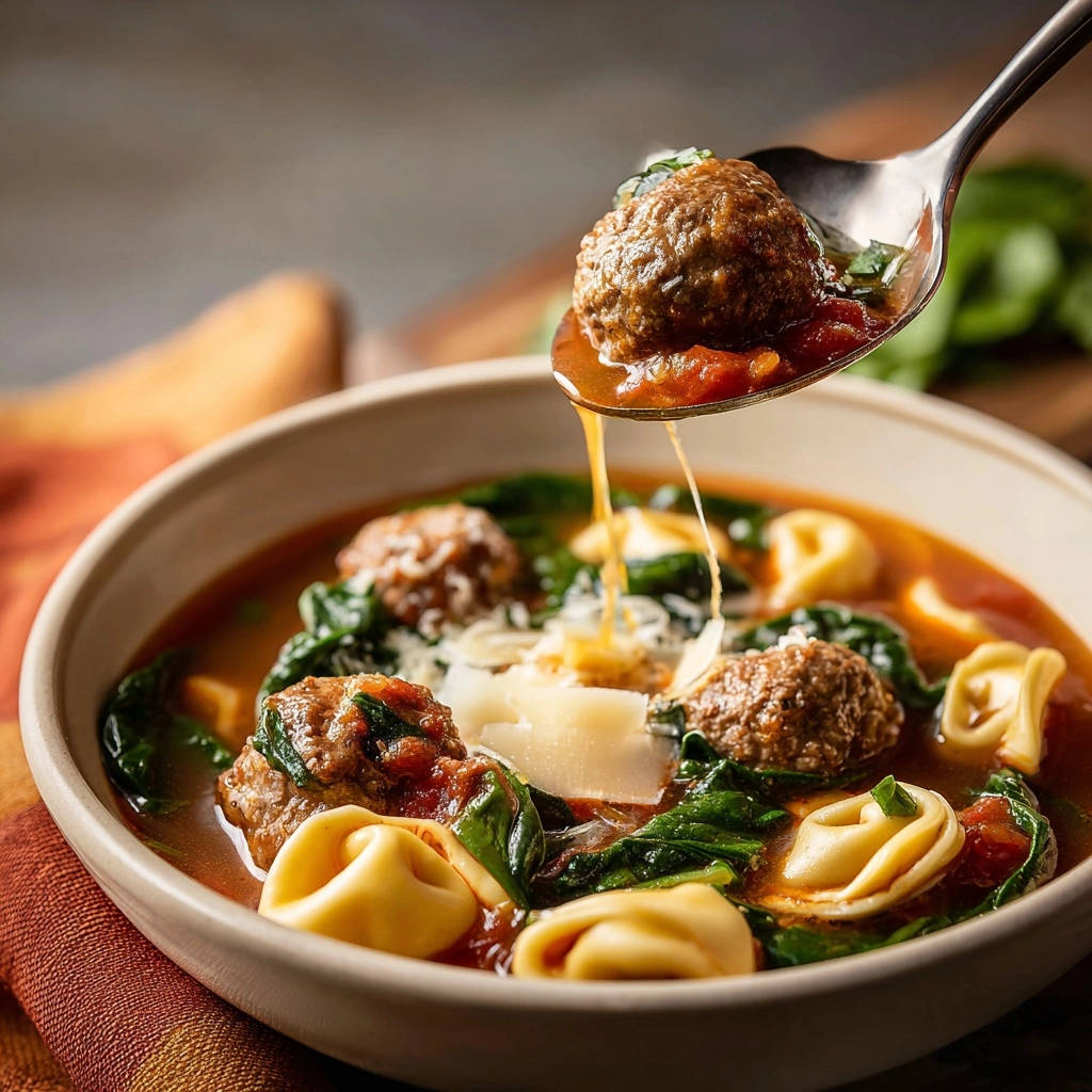 Italienische Tortellini-Suppe mit Hackbällchen, die mit einem Löffel aus der Schüssel gehoben werden.
