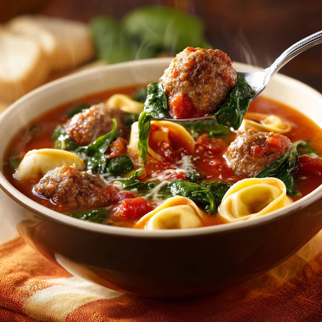 Italienische Tortellini-Suppe mit Hackbällchen, nahaufnahme einer Portion auf einem Löffel mit Dampf