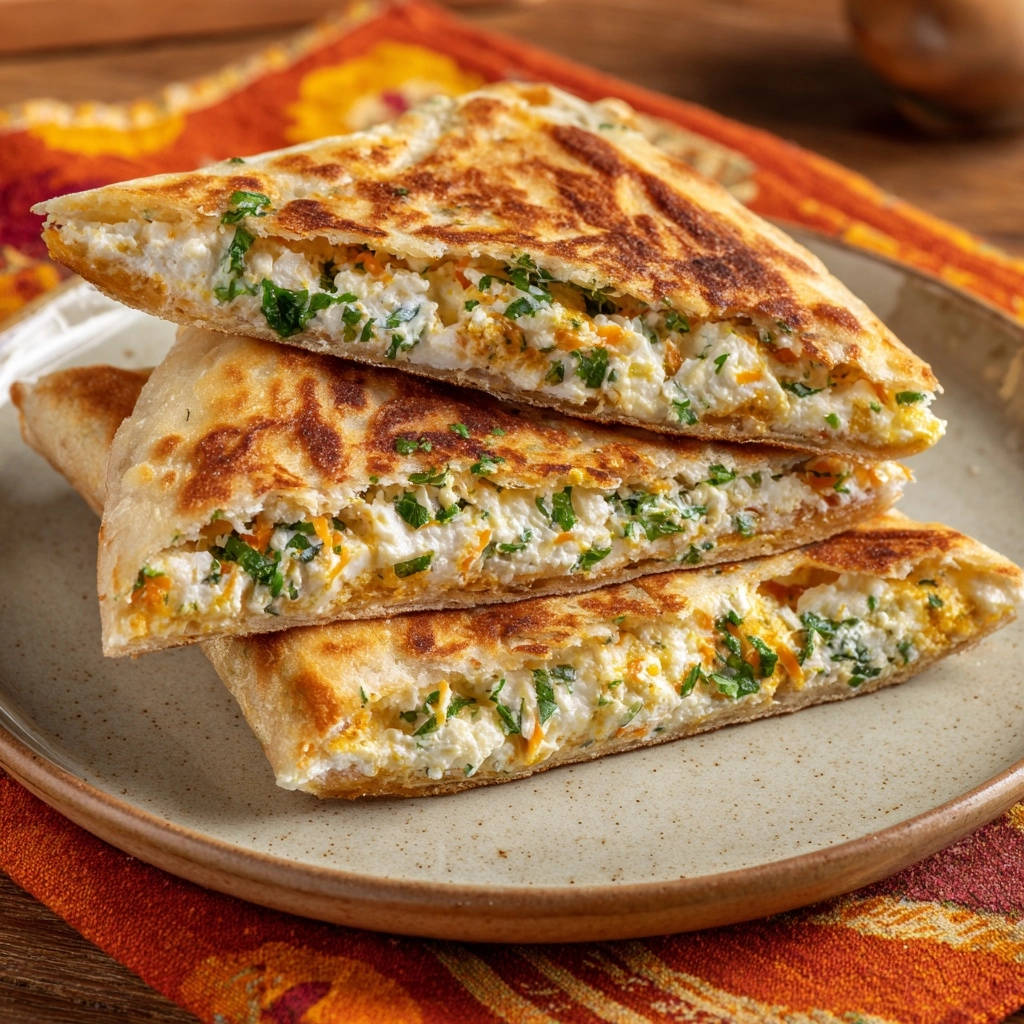 Käse-Kräuter-Fladen aus der Pfanne angeschnitten auf einem Teller, gefüllt mit Käse und Kräutern