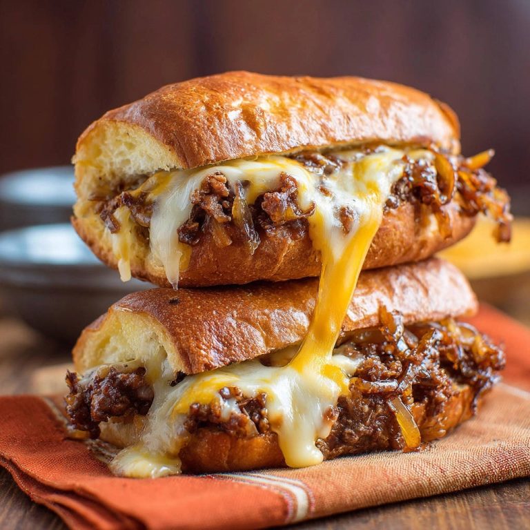 Saftiges Käse-Steak-Sandwich mit geschmolzenem Käse, das von den Brötchen tropft, detailreiche Nahaufnahme