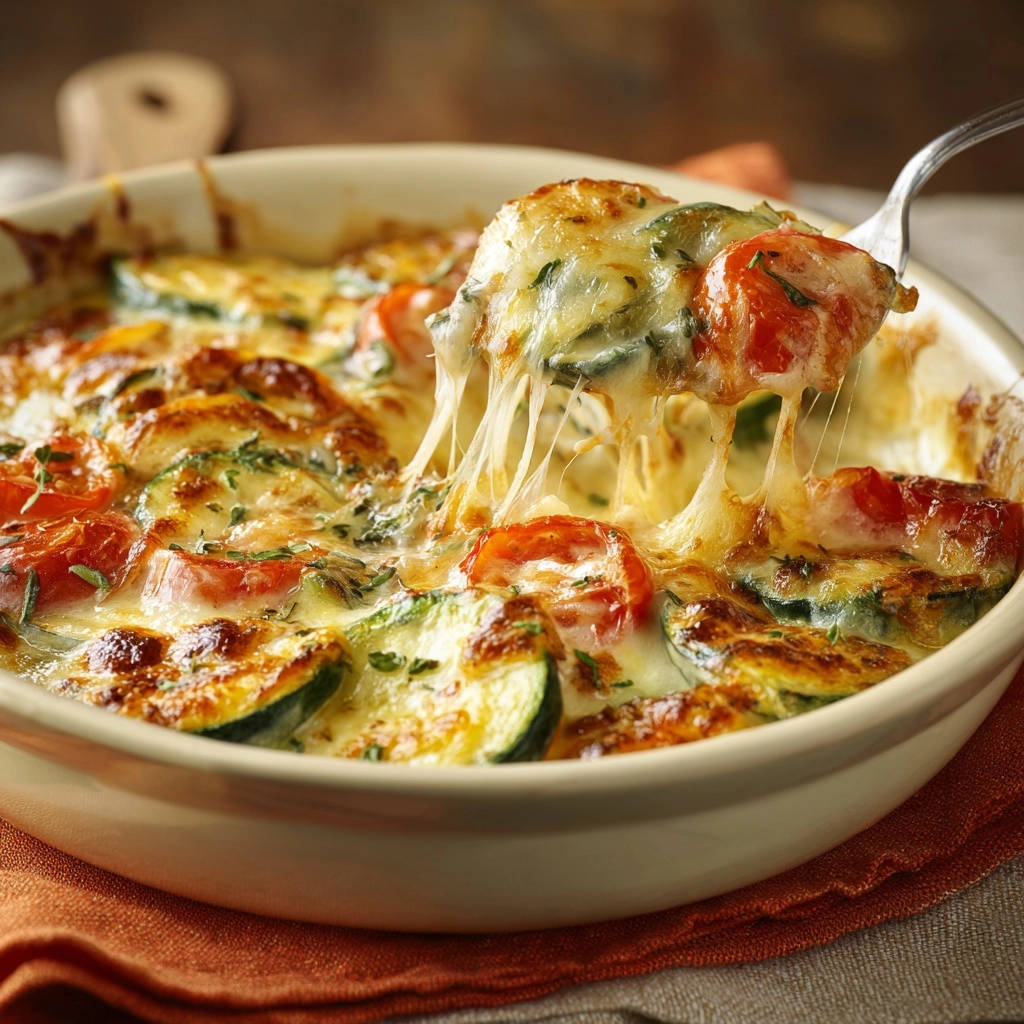 Käse-Zucchini-Tomaten-Gratin mit geschmolzenem Käse, der beim Anheben mit einem Löffel Fäden zieht.