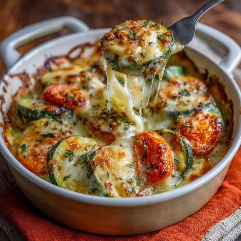 Käse-Zucchini-Tomaten-Gratin mit einem Stück vom Löffel gezogen, das geschmolzenen Käse zeigt.