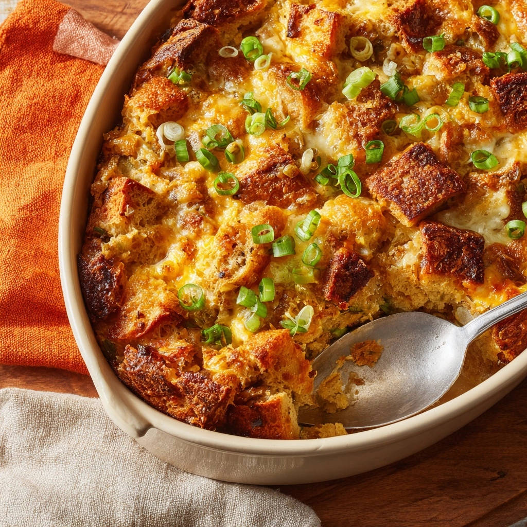 Herzhafter Käse-Zwiebel-Brotpudding, eine Nahaufnahme mit einem Löffel, der in die cremige und knusprige Textur hineinragt.