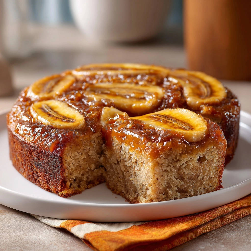 Karamellisierter Bananenkuchen angeschnitten, zeigt den saftigen Kuchen und die karamellisierten Bananen von oben.
