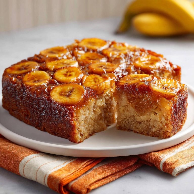 Karamellisierter Bananenkuchen angeschnitten auf einer weißen Platte mit einem Stück herausgeschnitten, das die saftige Innenseite zeigt.