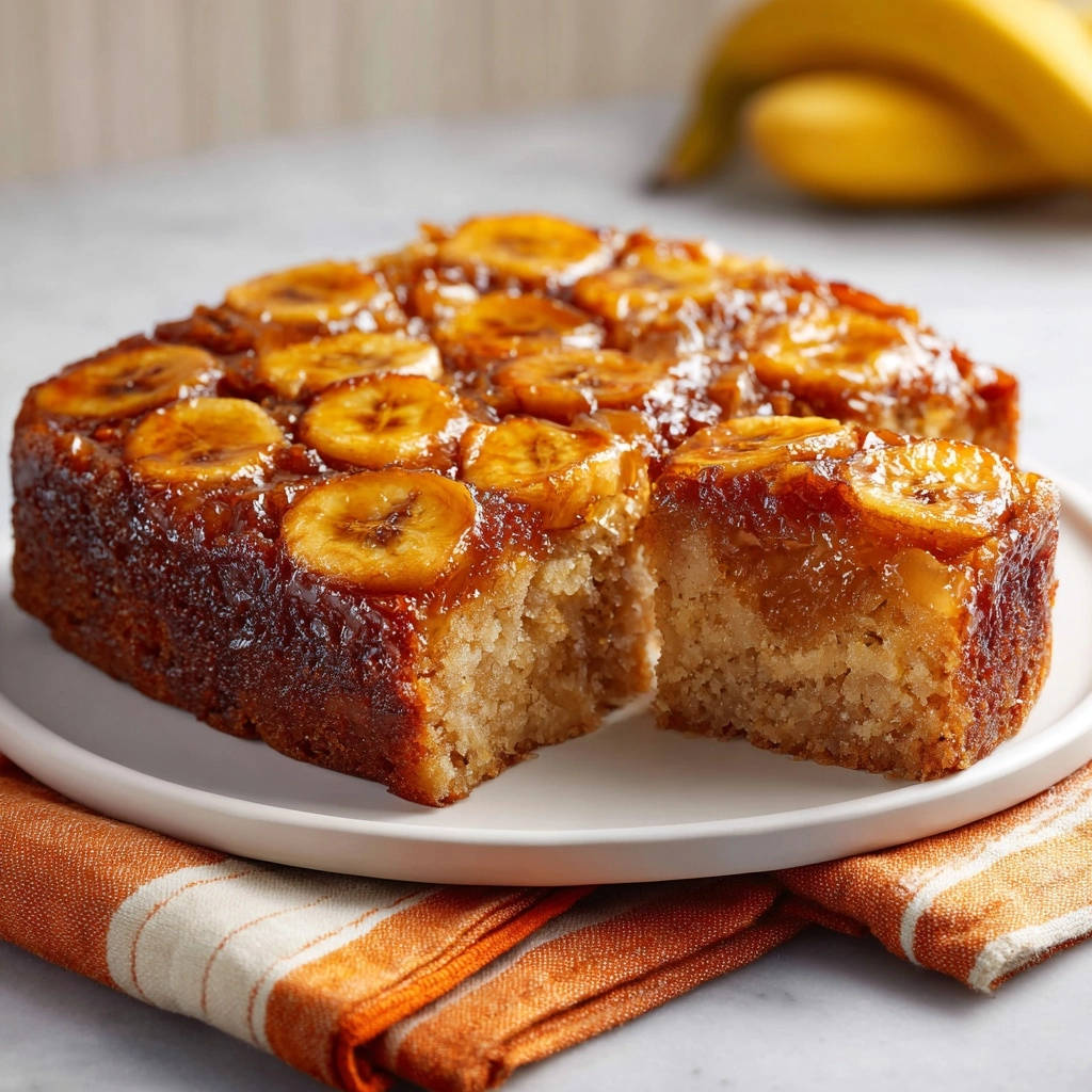 Karamellisierter Bananenkuchen angeschnitten auf einer weißen Platte mit einem Stück herausgeschnitten, das die saftige Innenseite zeigt.