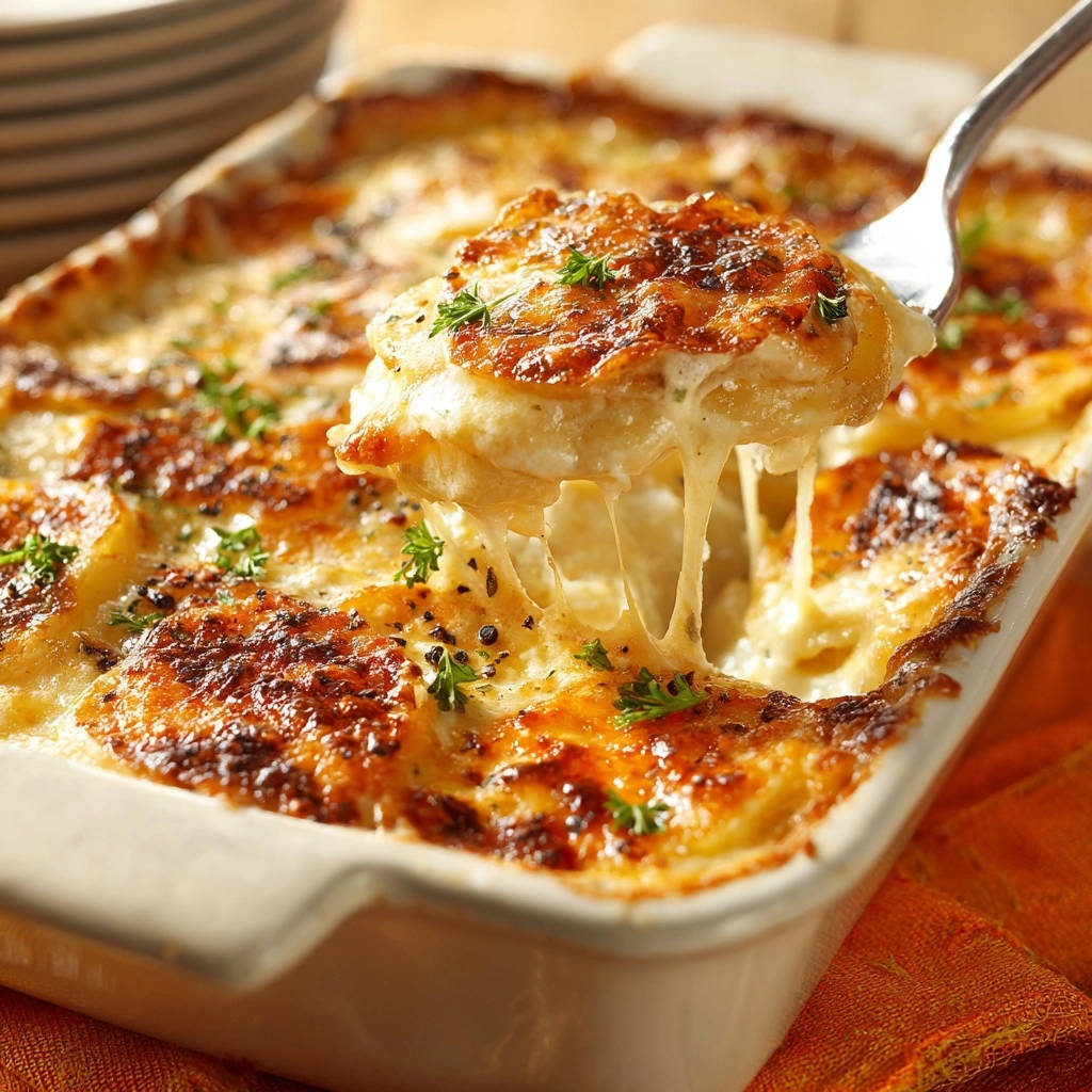 Kartoffelgratin vom Feinsten als Nahaufnahme, mit einem Löffel herausgehoben, wobei der geschmolzene Käse Fäden zieht.