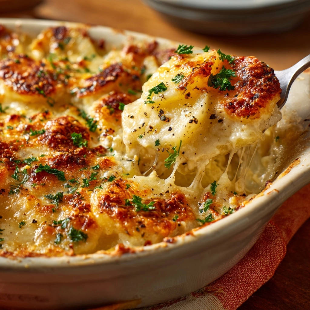 Kartoffelgratin vom Feinsten, aus dem Auflauf gehoben mit langen Käsefäden, garniert mit Petersilie.