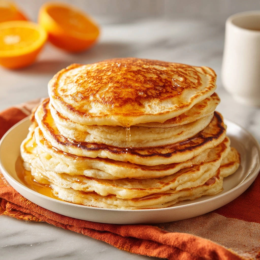 Klassische fluffige Pancakes mit Sirup übergossen, die auf einem Teller gestapelt sind und frisch serviert werden.